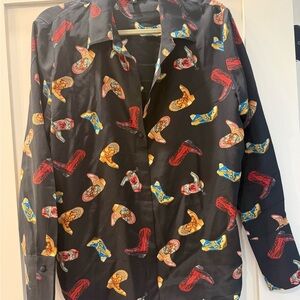 French Cuff Silk Black Button-Up Shirt with Colorful Cowboy Boot Print